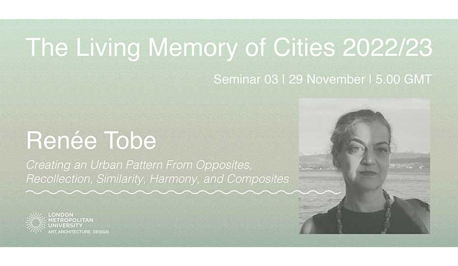 a Living Memory of Cities leaflet with a portrait of Renee Tobe to the right
